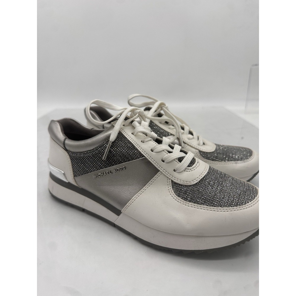 Michael Kors White and Silver Leather And Glitter Chain-Mesh Trainer 8.5M